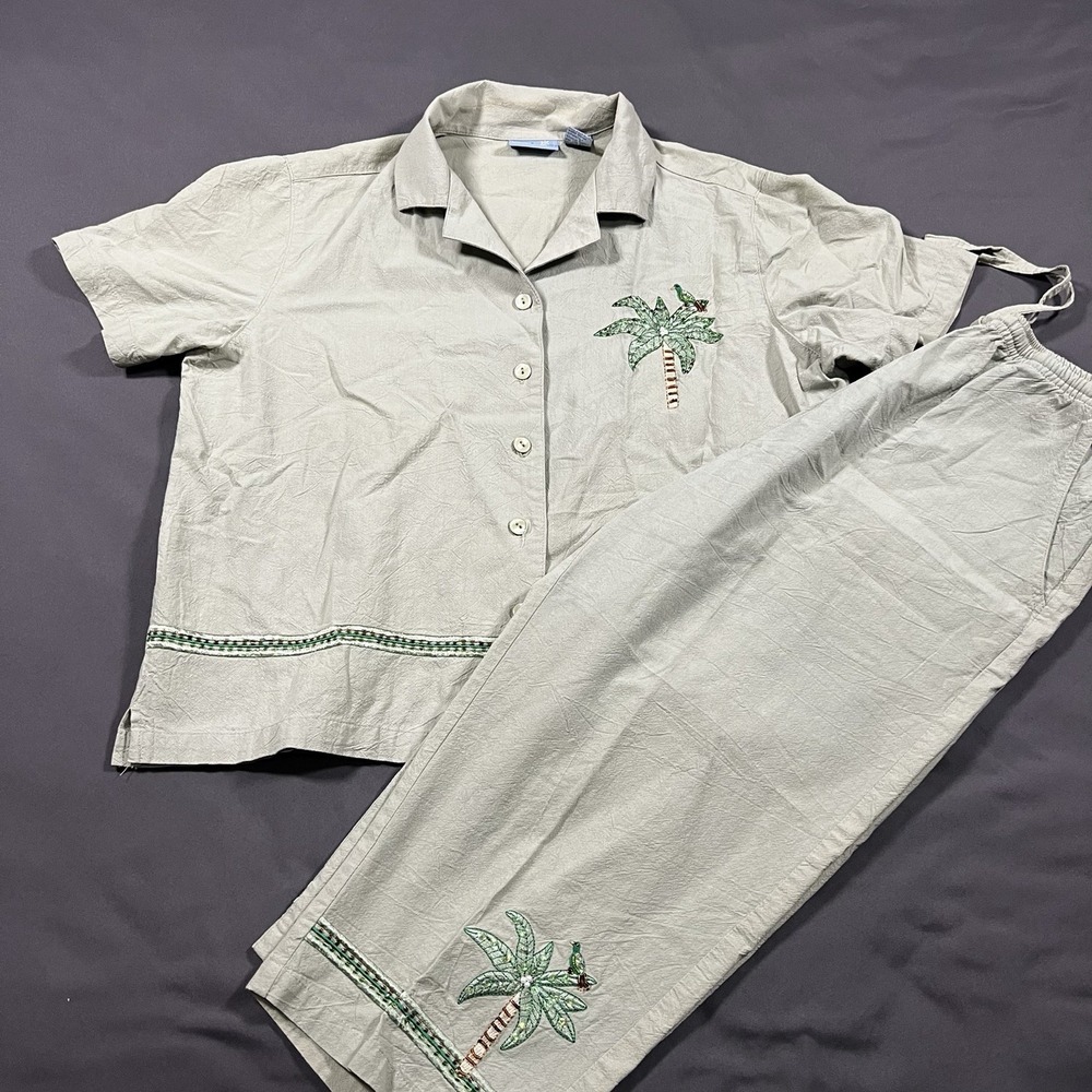Jane Ashley Cotton Lounge Set Top L Pants S Green Embroidered Beach Tropical VTG